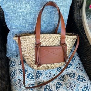 MANGO Double Strap Basket Bag straw with faux leather tan brown